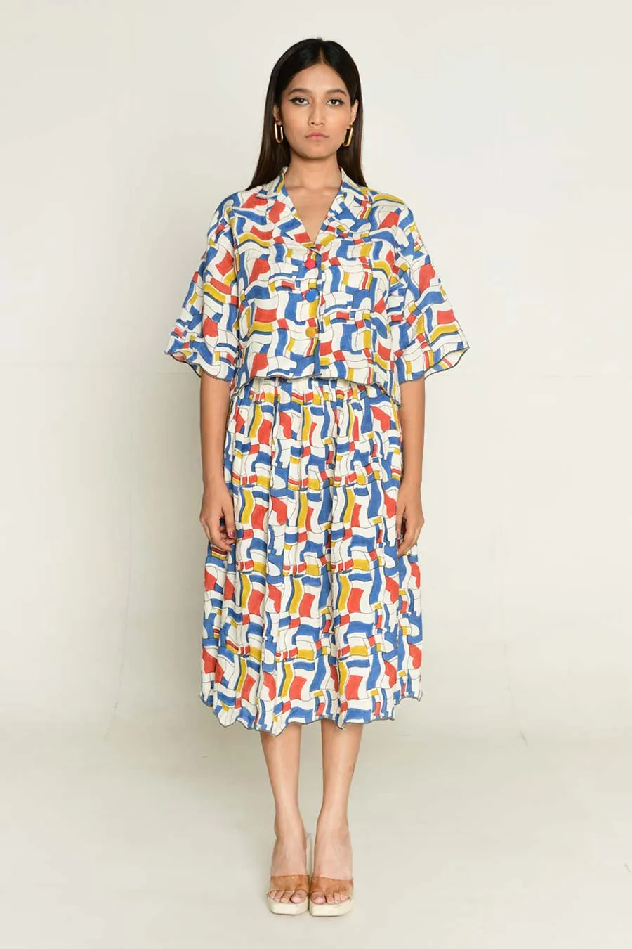 Multicolour Block-Printed Shirt & Skirt Co-Ord Set