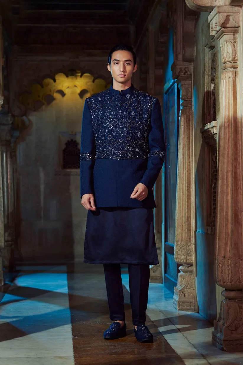 Navy Blue Kurta Jacket Set