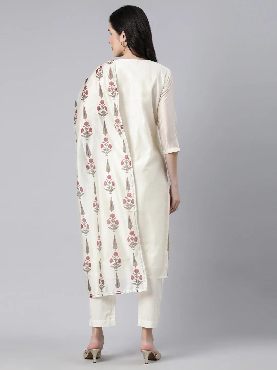 Neerus Cream Regular Straight Solid Kurta And  Trousers With Dupatta