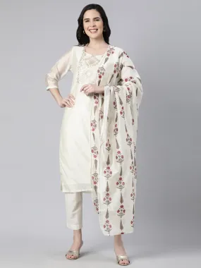 Neerus Cream Regular Straight Solid Kurta And  Trousers With Dupatta