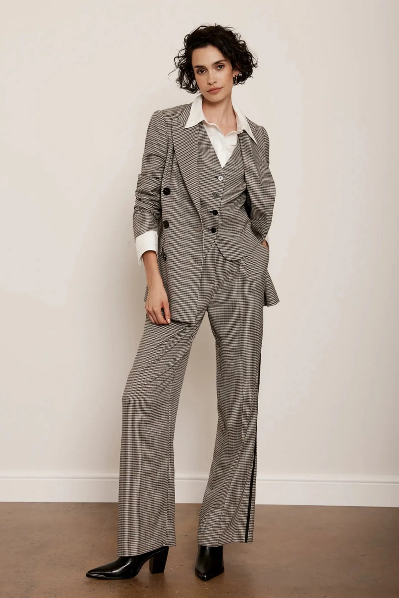 Neutral Checked Double Breasted Blazer & Neutral Check Side Stripe Trousers