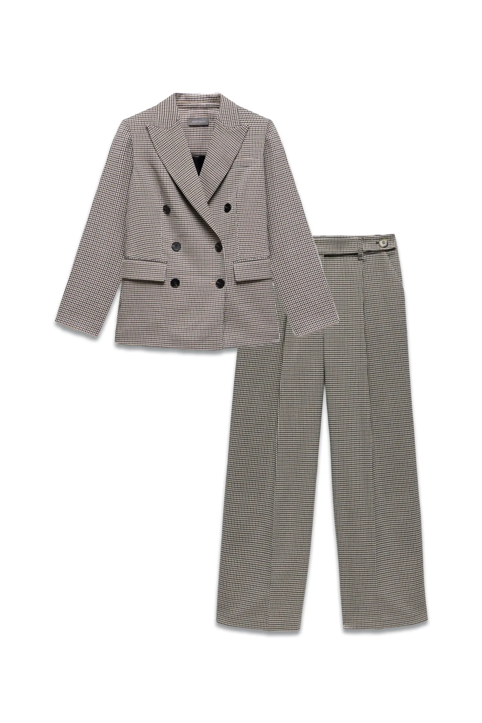 Neutral Checked Double Breasted Blazer & Neutral Check Side Stripe Trousers