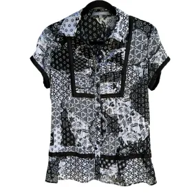 NY Collection Black White Short Sleeve Pleated Patchwork Button-Up Blouse - Med