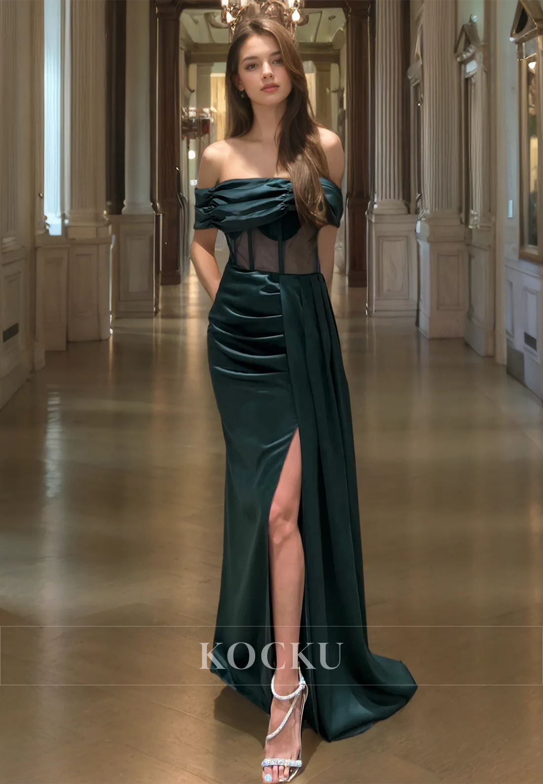 Off-Shoulder Sheath Sleeveless Sweep Train Stripe Pleats Satin Prom Dress with Slit Evening Dress