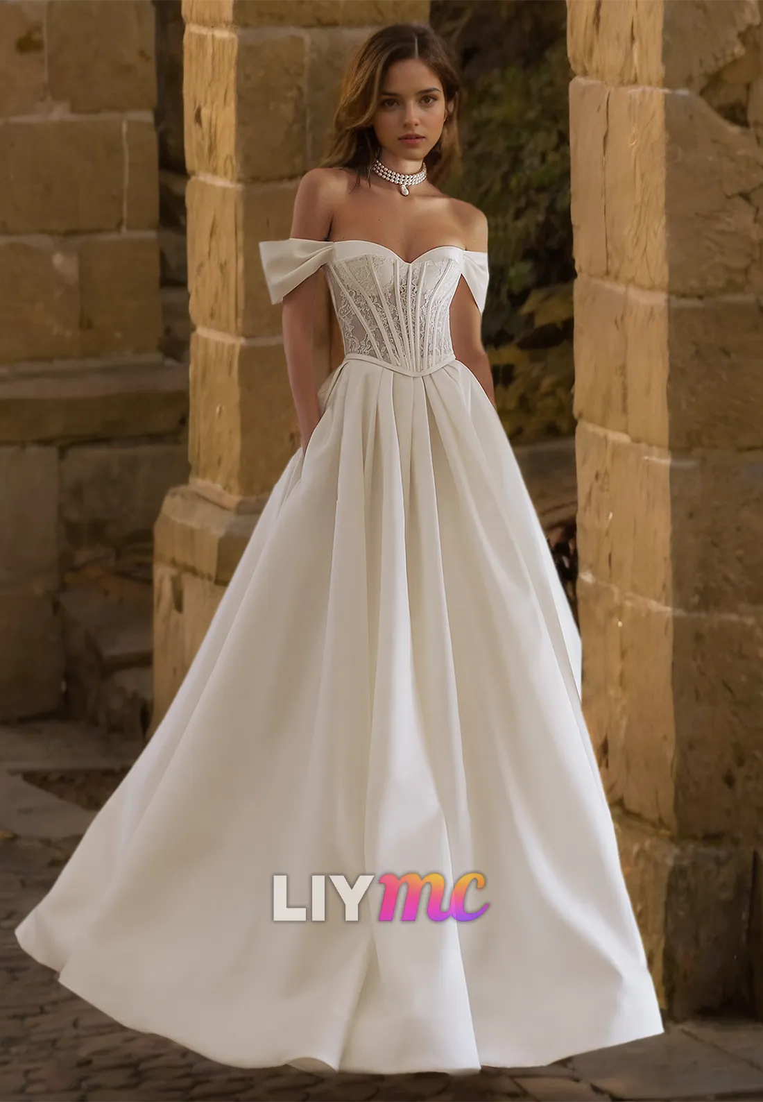 Off-Shoulder Strapless Lace Appliques Corset Pleated A-Line Wedding Dress