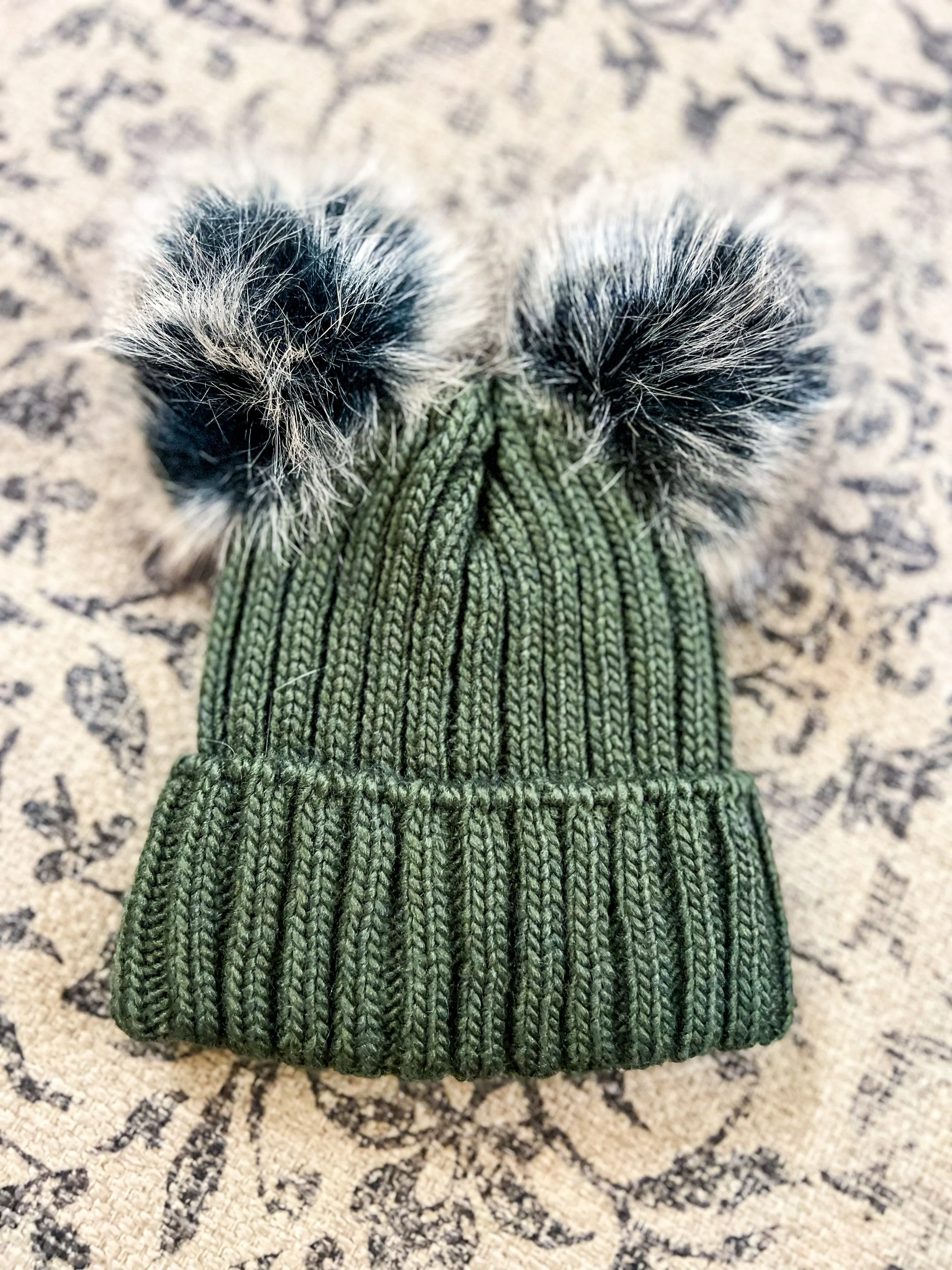 Olive Double POM Beanie