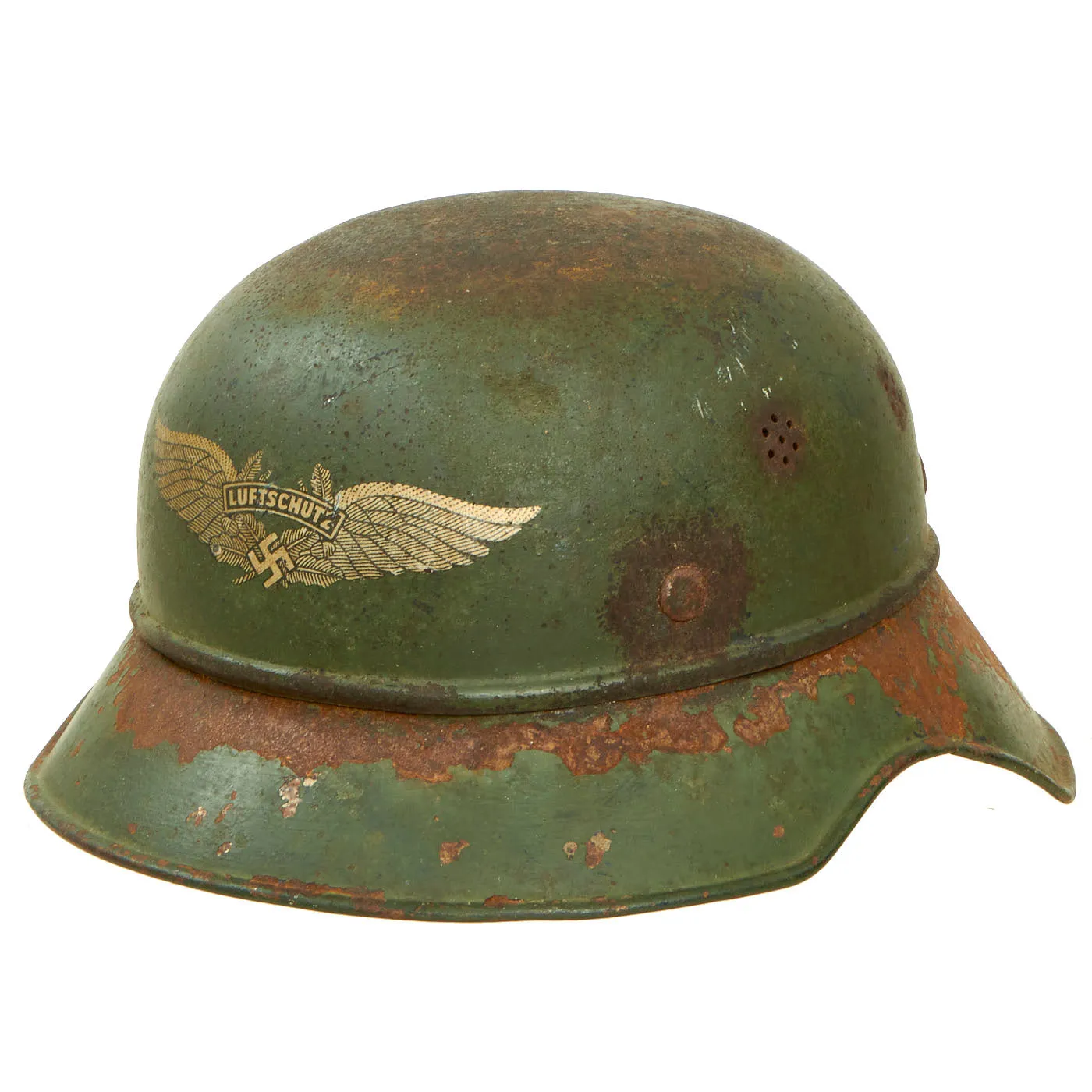 Original German WWII Green Painted "Battlefield Pickup" M38 Luftschutz Beaded Gladiator Air Defense Helmet Shell