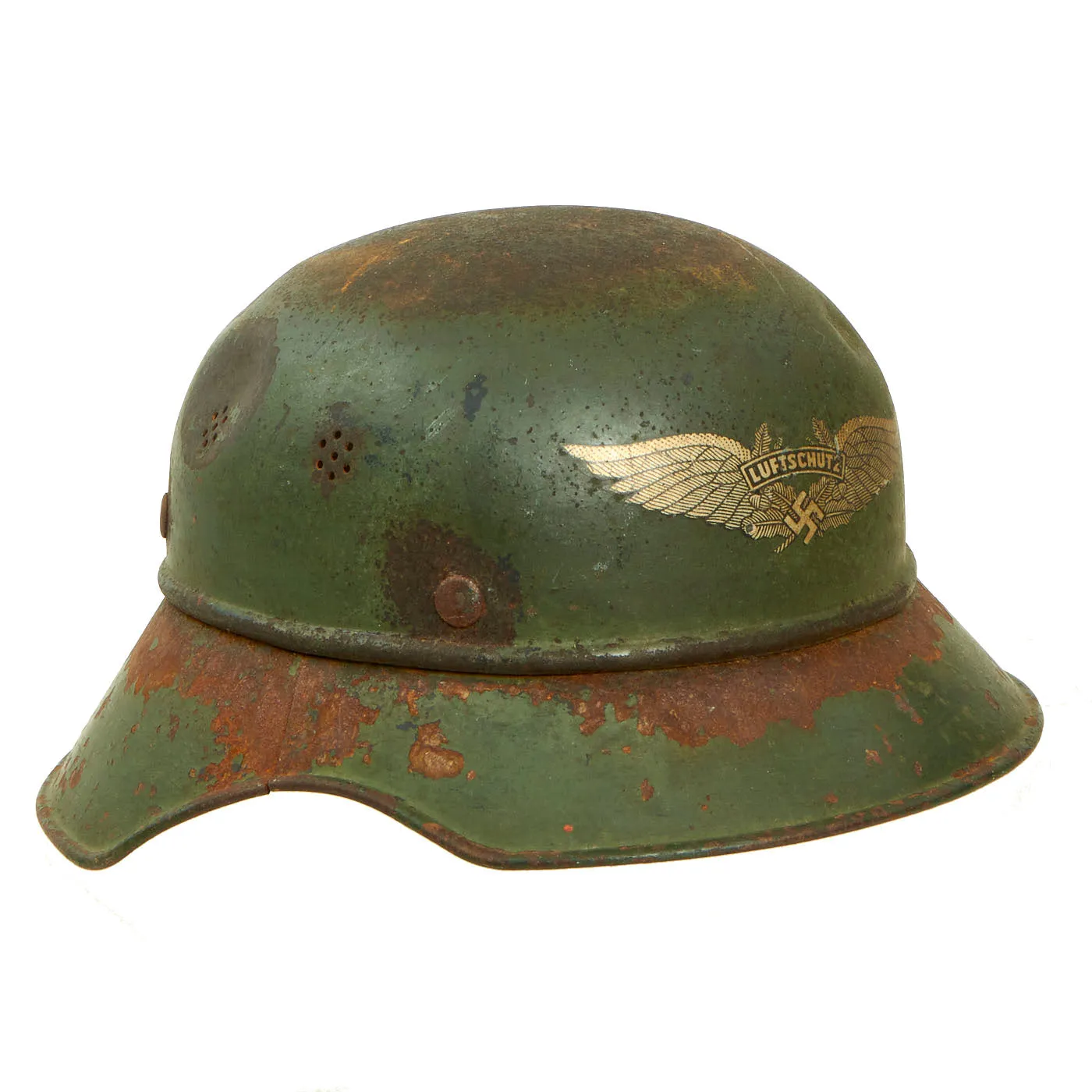 Original German WWII Green Painted "Battlefield Pickup" M38 Luftschutz Beaded Gladiator Air Defense Helmet Shell