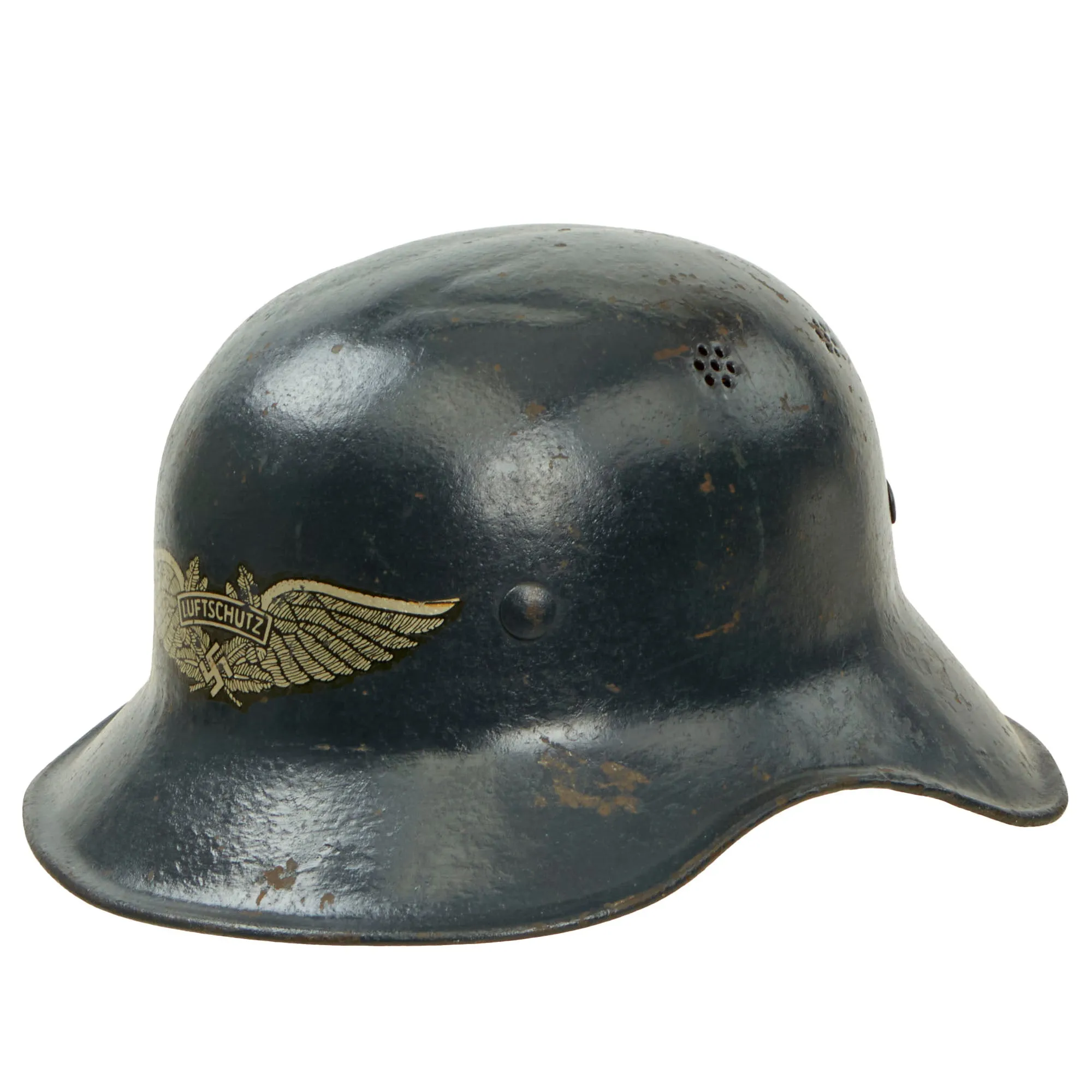 Original German WWII M38 Luftschutz Gladiator Air Defense Helmet with One Piece Shell, Cloth Liner, and Plastic Chinstrap