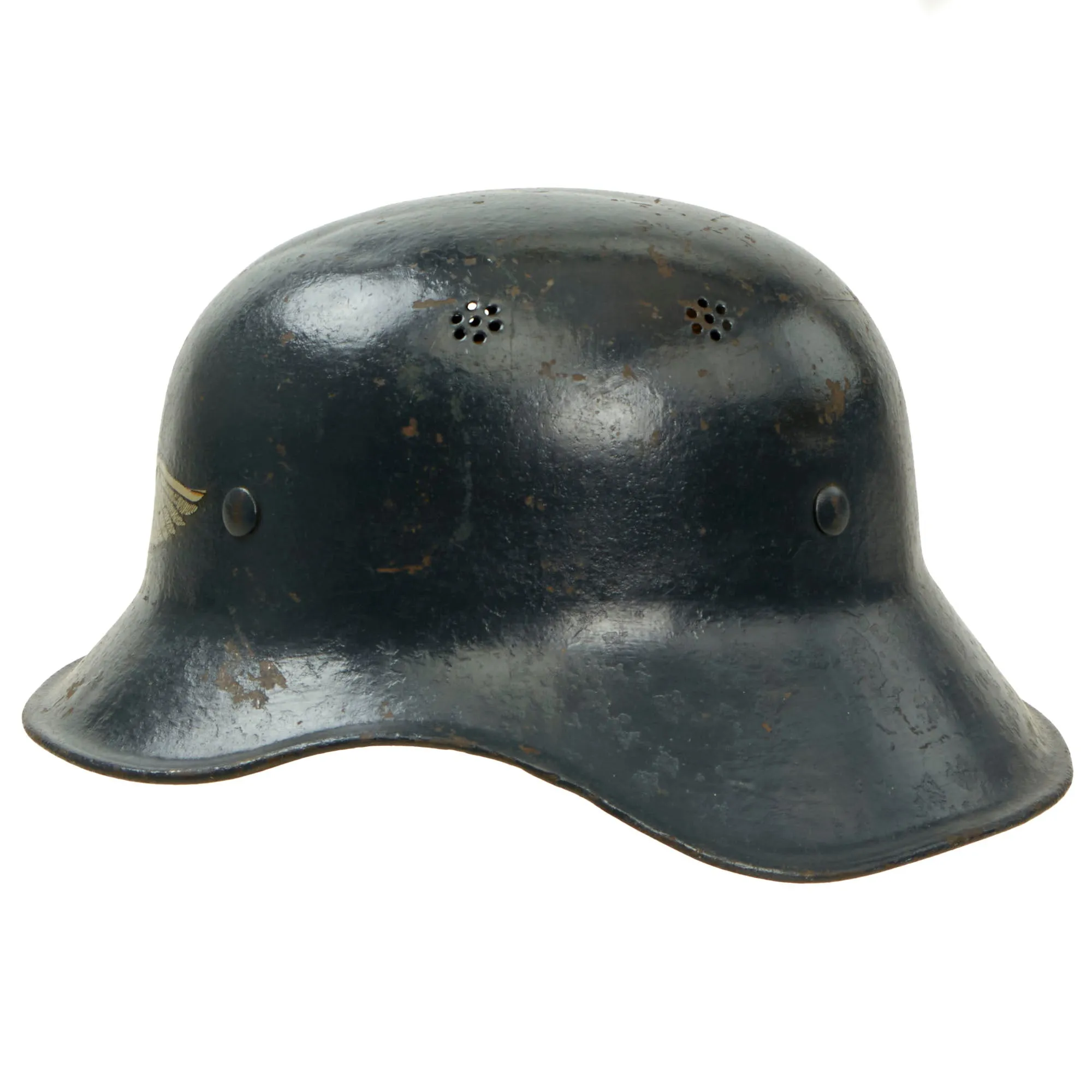 Original German WWII M38 Luftschutz Gladiator Air Defense Helmet with One Piece Shell, Cloth Liner, and Plastic Chinstrap