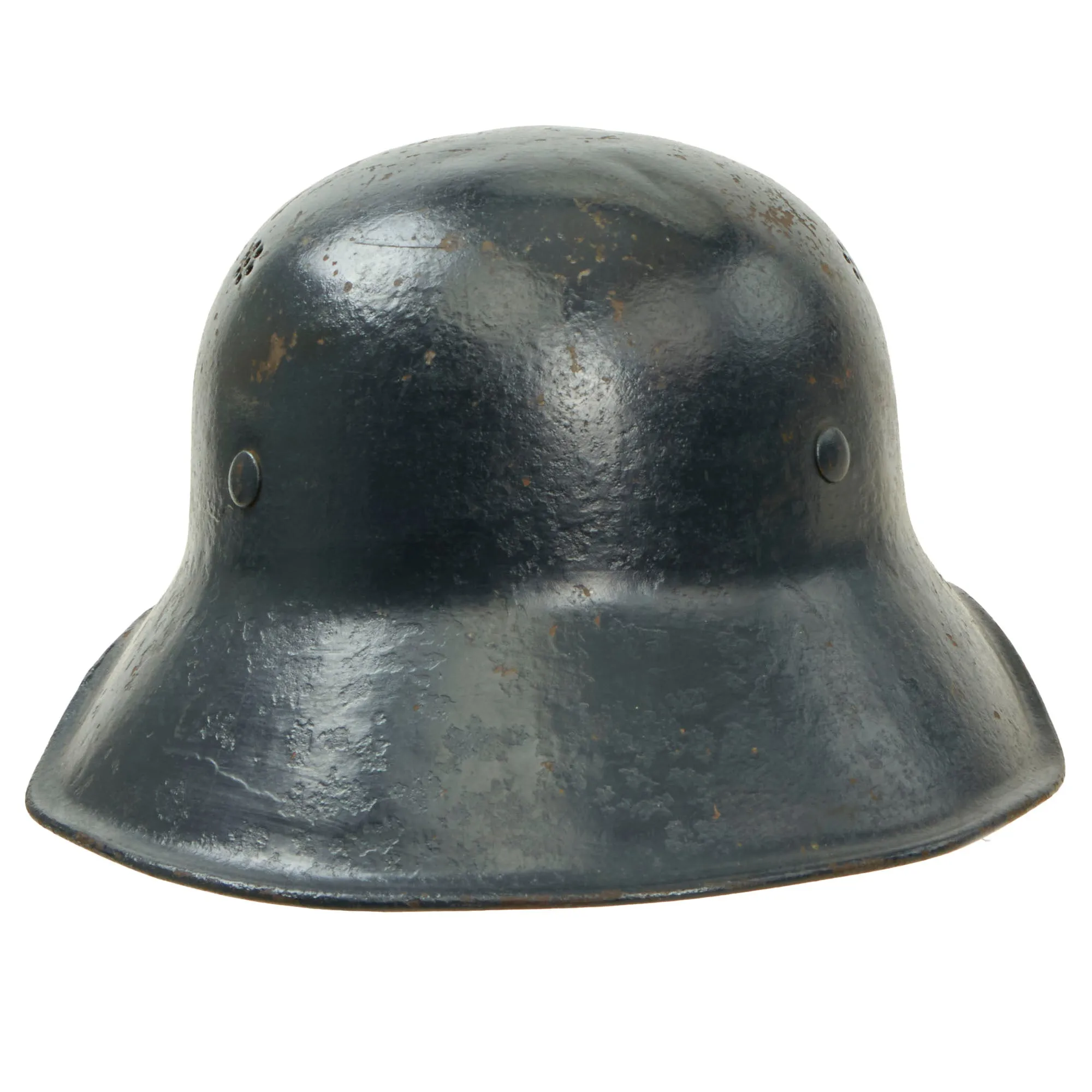 Original German WWII M38 Luftschutz Gladiator Air Defense Helmet with One Piece Shell, Cloth Liner, and Plastic Chinstrap