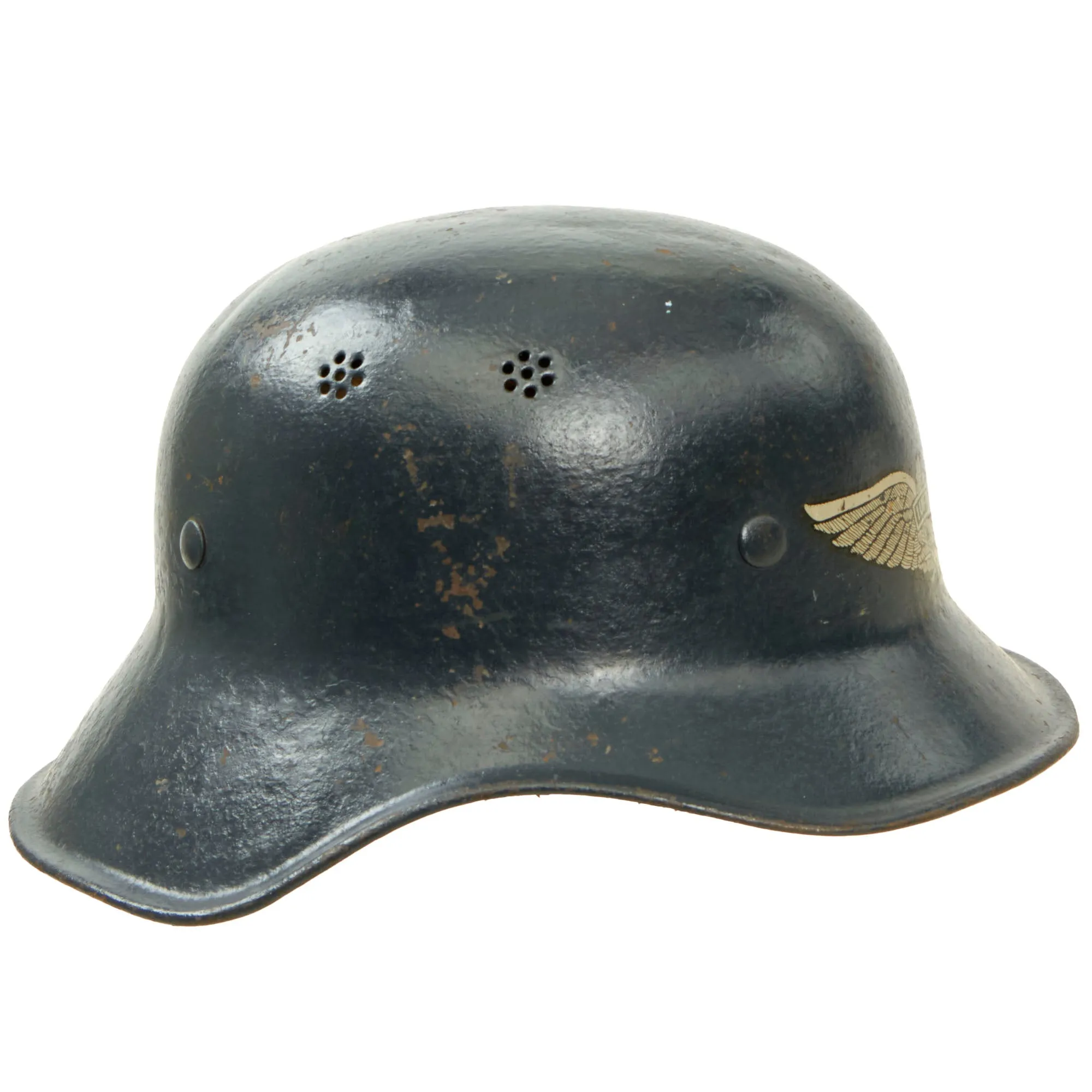 Original German WWII M38 Luftschutz Gladiator Air Defense Helmet with One Piece Shell, Cloth Liner, and Plastic Chinstrap