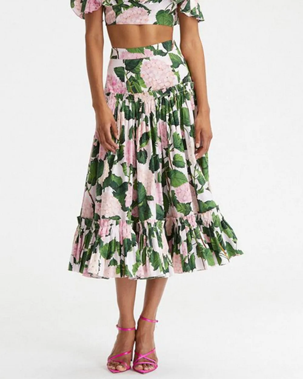 Pink Hydrangea Ruffle Midi Skirt