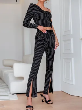 Pinstripe One-Shoulder Top and Slit Ankle Pants Set