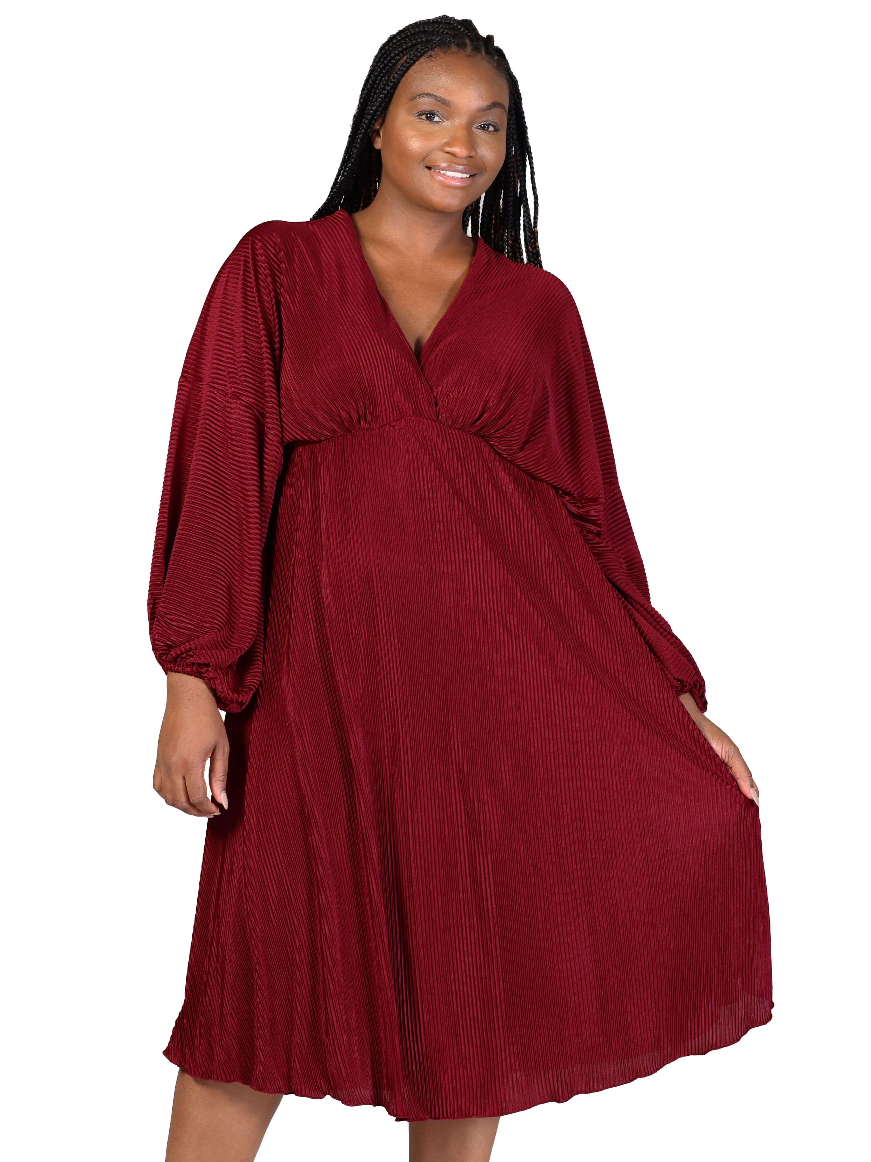 Plus Size Shimmer Pleated V Neck Empire Waist Bishop Sleeve Midi Dress