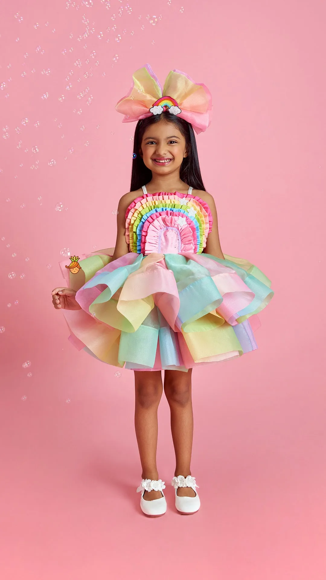 Pre Order: Multicolour Shaded Rainbow Theme Ruffled Dress With Hair Band