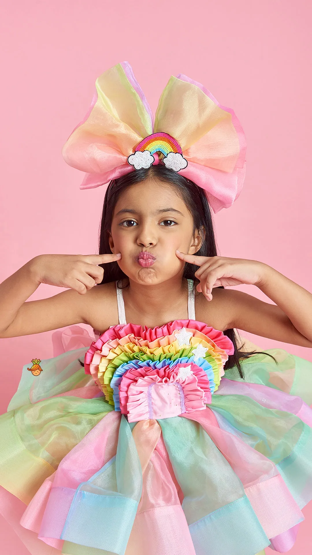 Pre Order: Multicolour Shaded Rainbow Theme Ruffled Dress With Hair Band