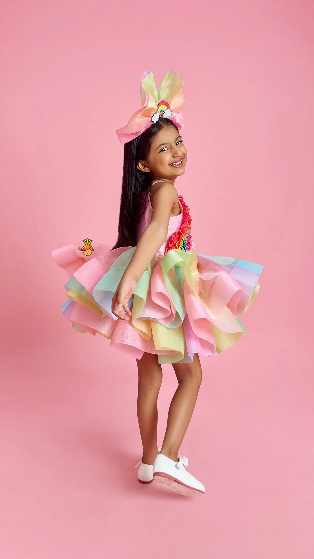 Pre Order: Multicolour Shaded Rainbow Theme Ruffled Dress With Hair Band