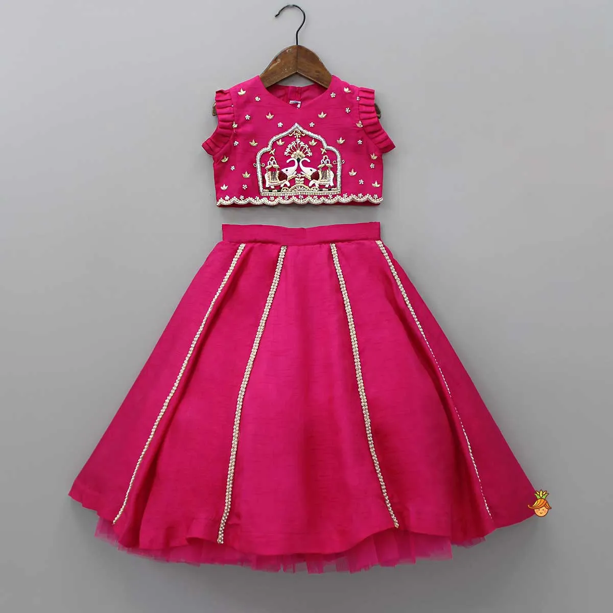 Pre Order: Pleated Armhole Hand Embroidered Pink Top And Lehenga With Net Dupatta