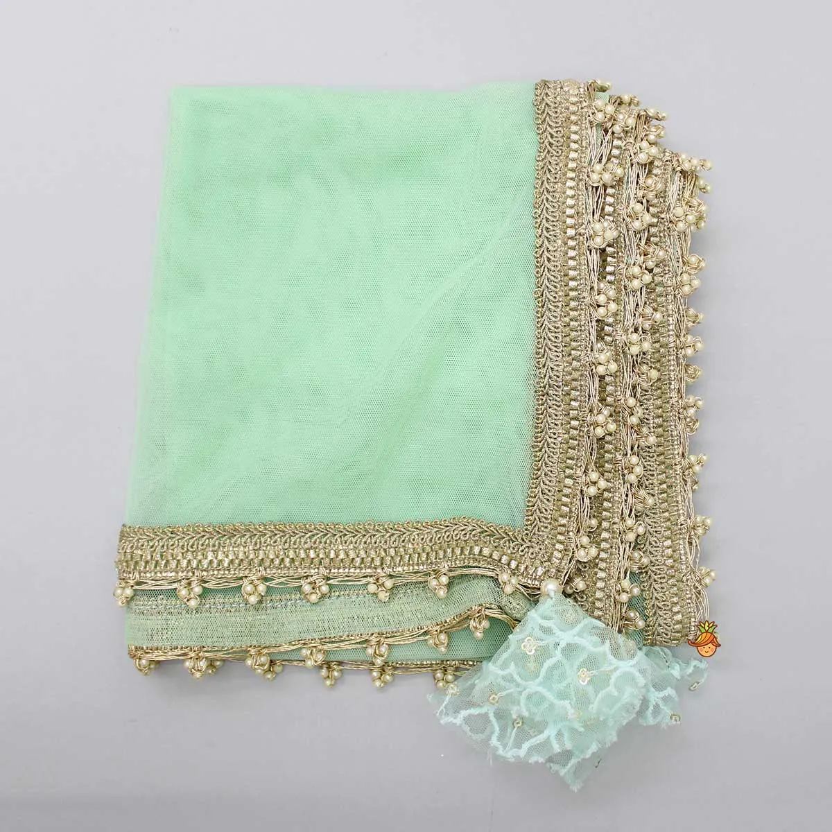 Pre Order: Sequins Thread Embroidered Mint Green Top And Lehenga With Net Dupatta And Potli Bag