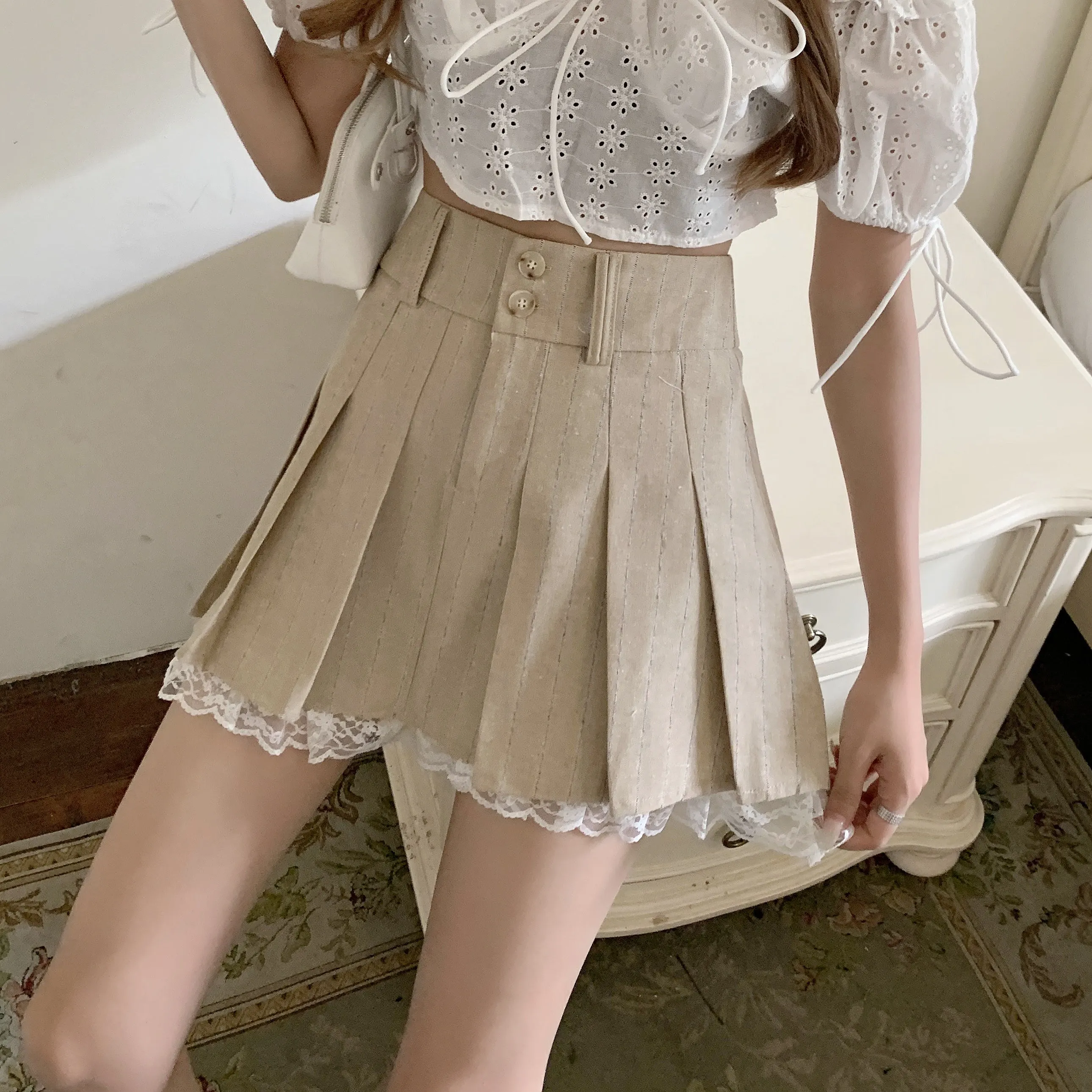 Pretty Light Cream Lace Pleated Short Mini Skirt