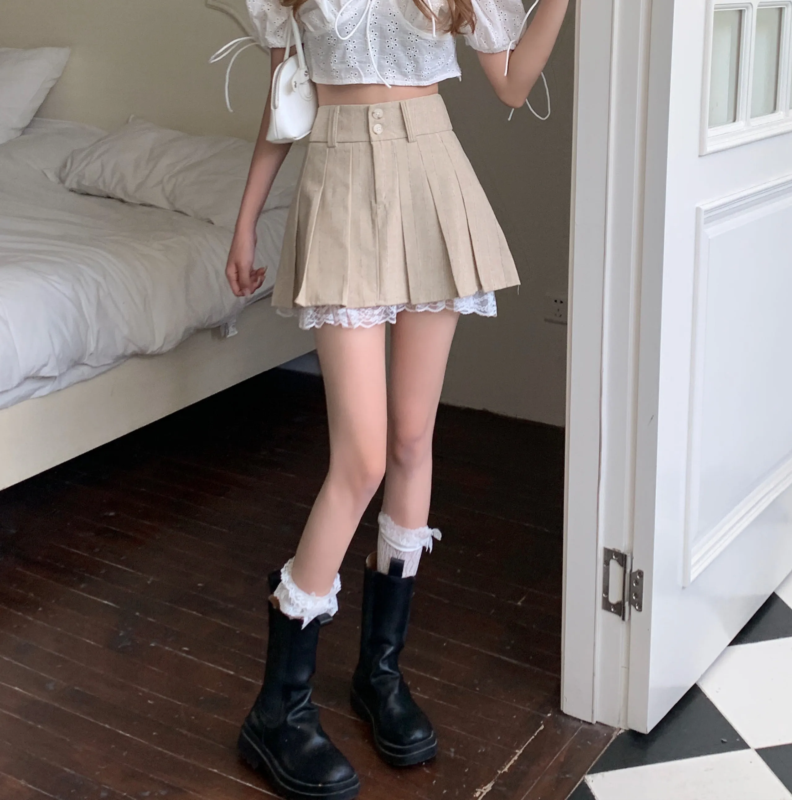 Pretty Light Cream Lace Pleated Short Mini Skirt