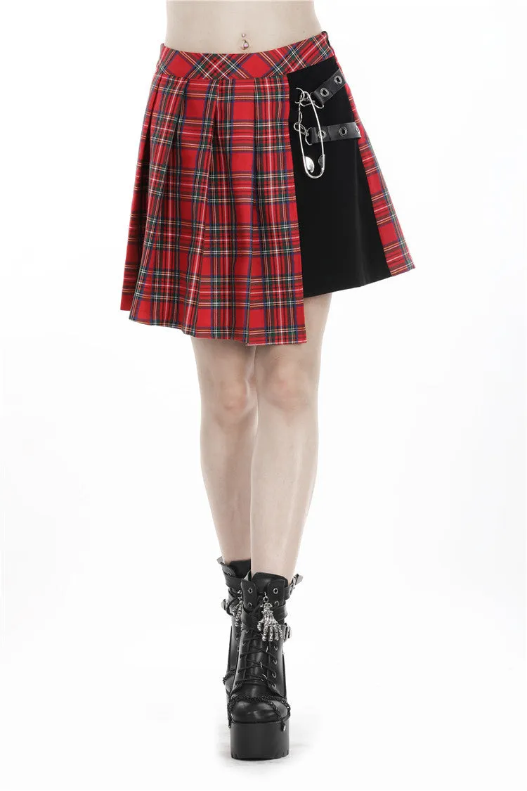 Punk red big pin pleated plaid skirt KW135RD