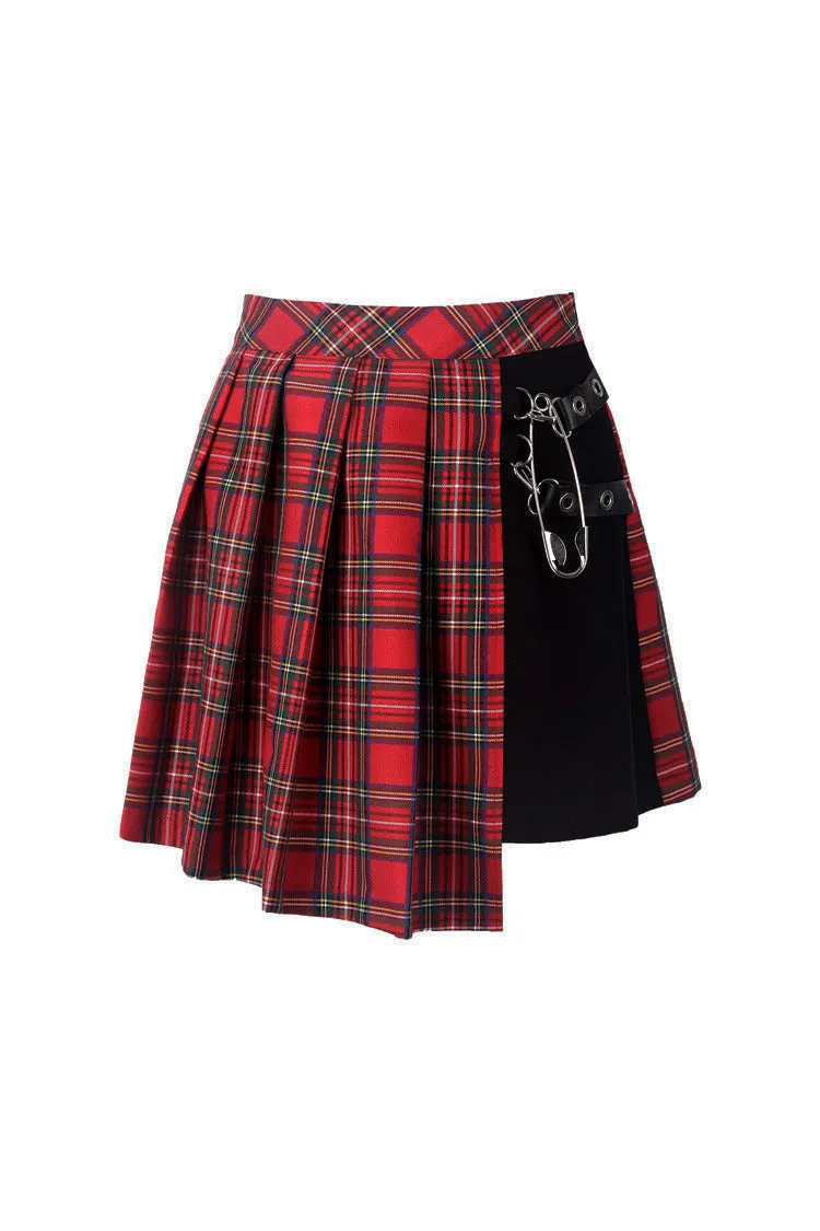 Punk red big pin pleated plaid skirt KW135RD