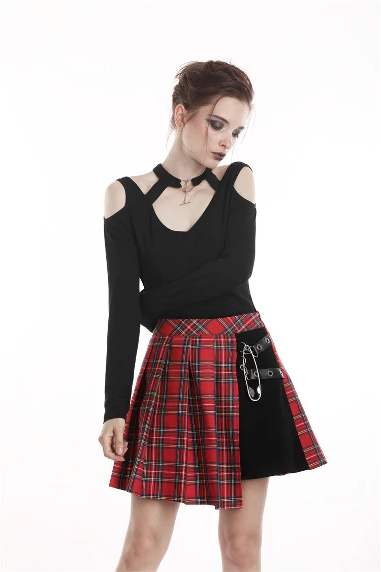 Punk red big pin pleated plaid skirt KW135RD