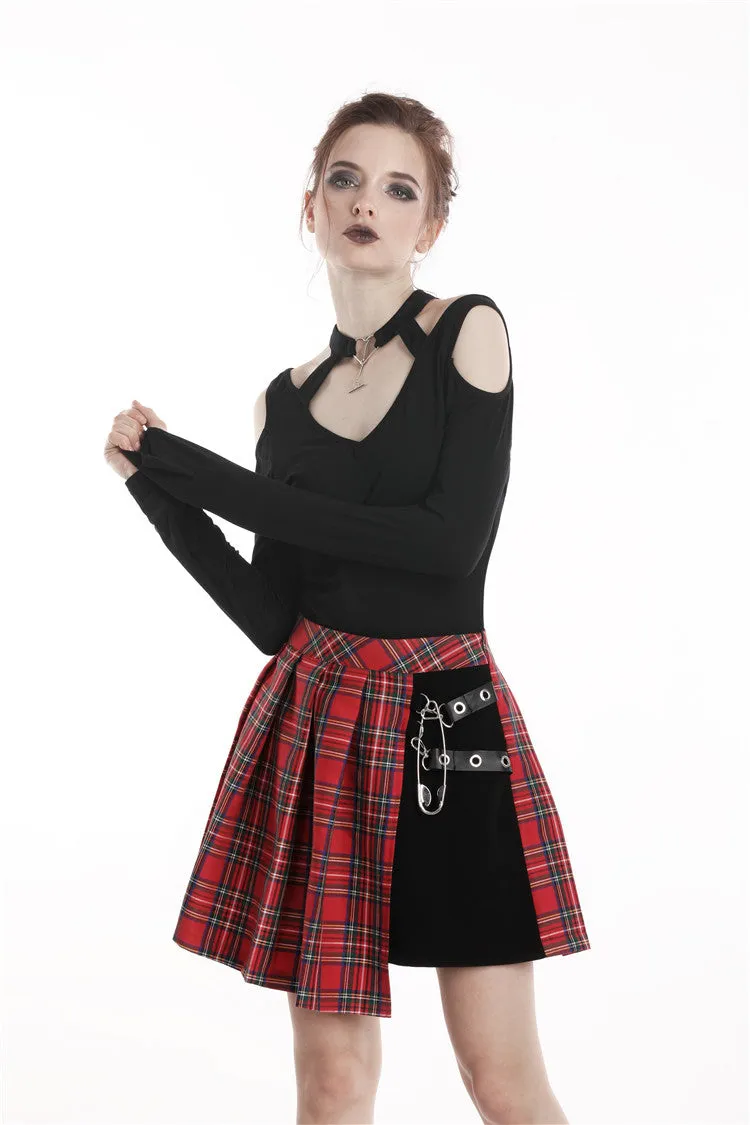 Punk red big pin pleated plaid skirt KW135RD