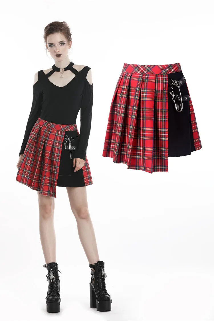 Punk red big pin pleated plaid skirt KW135RD