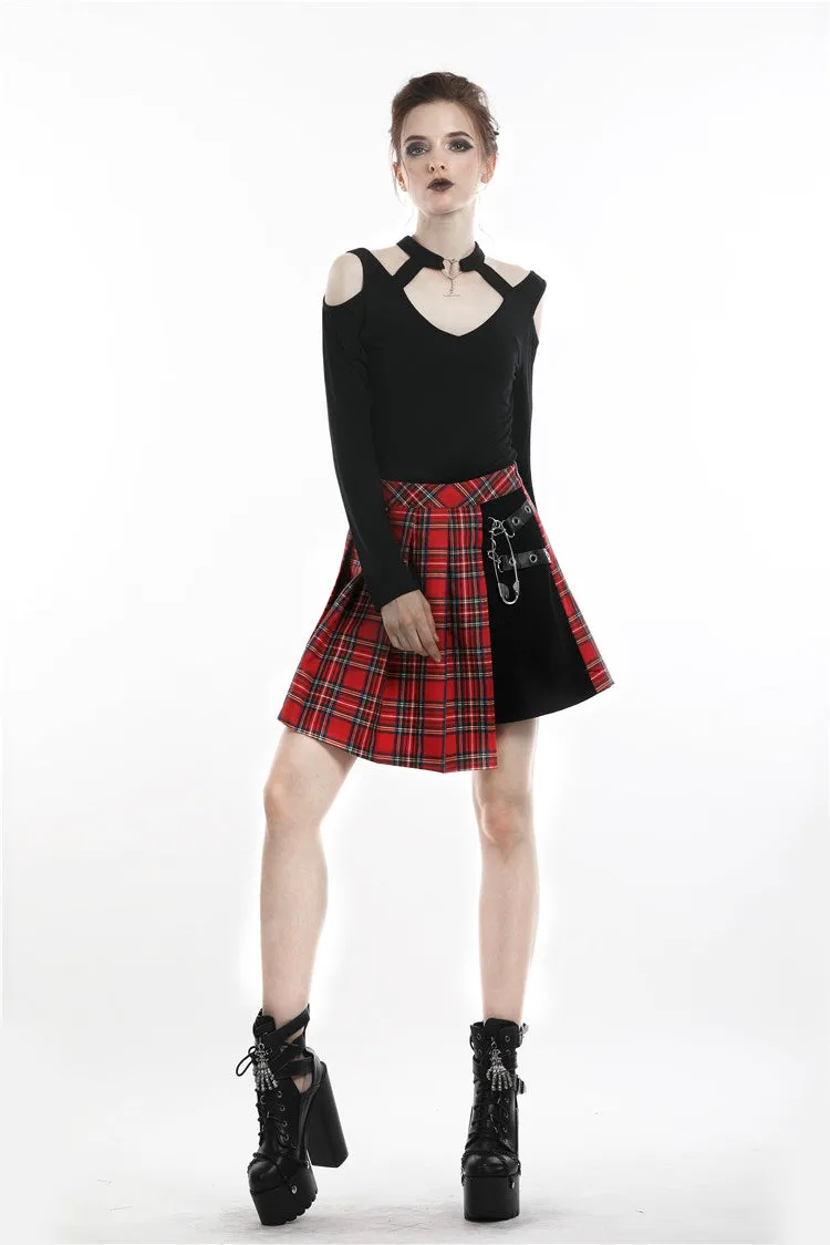 Punk red big pin pleated plaid skirt KW135RD