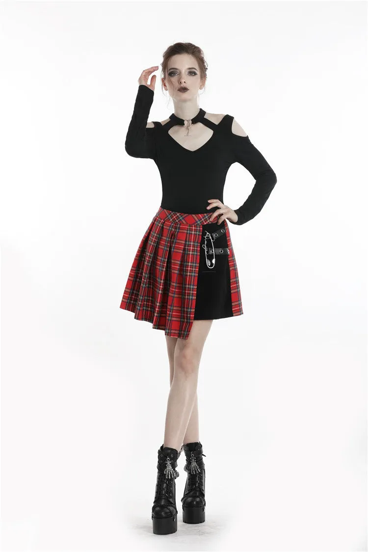 Punk red big pin pleated plaid skirt KW135RD