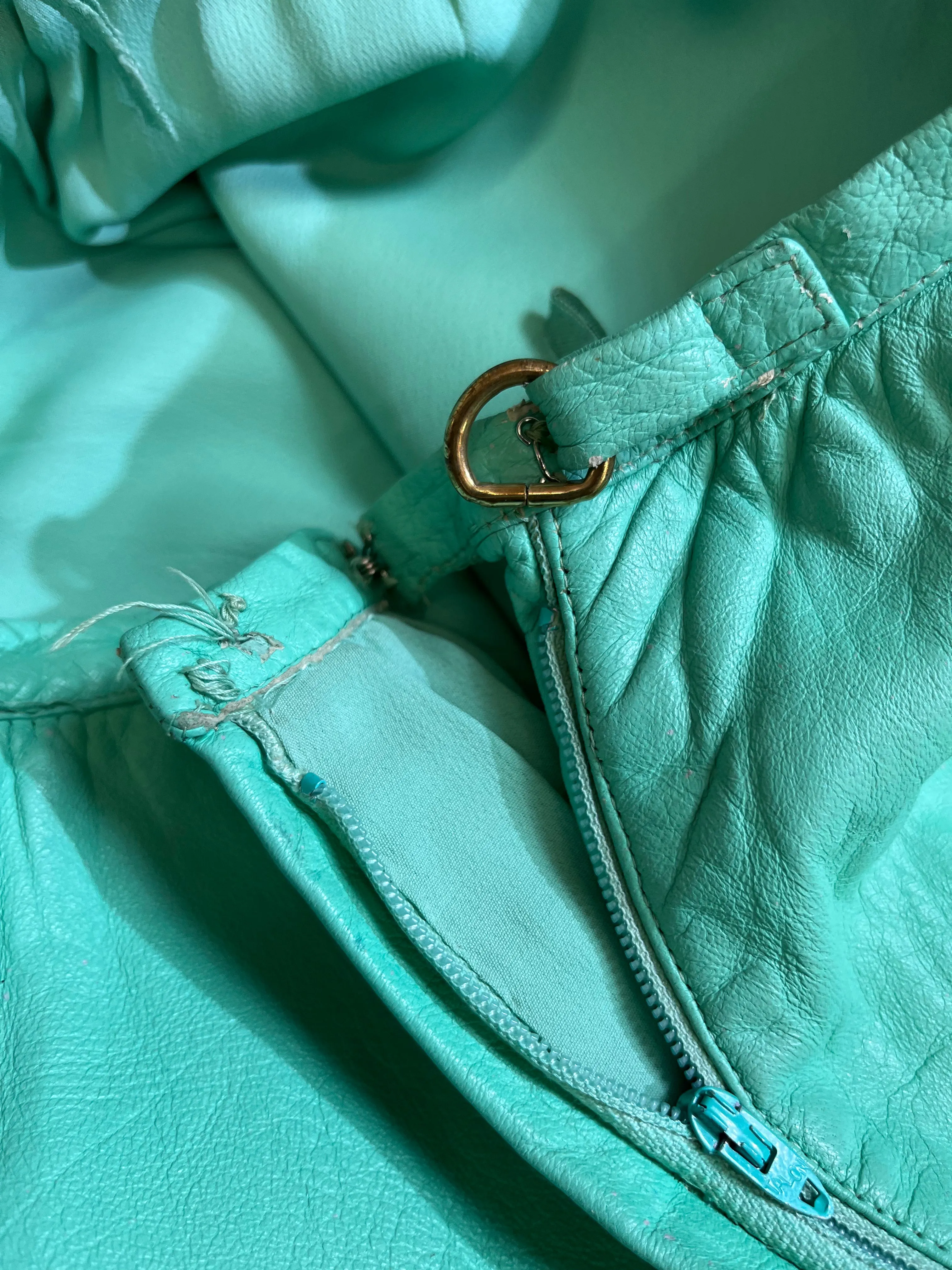 Rare 1960s-1970s Seafoam Teal Leather Skirt by Sills, Bonnie Cashin