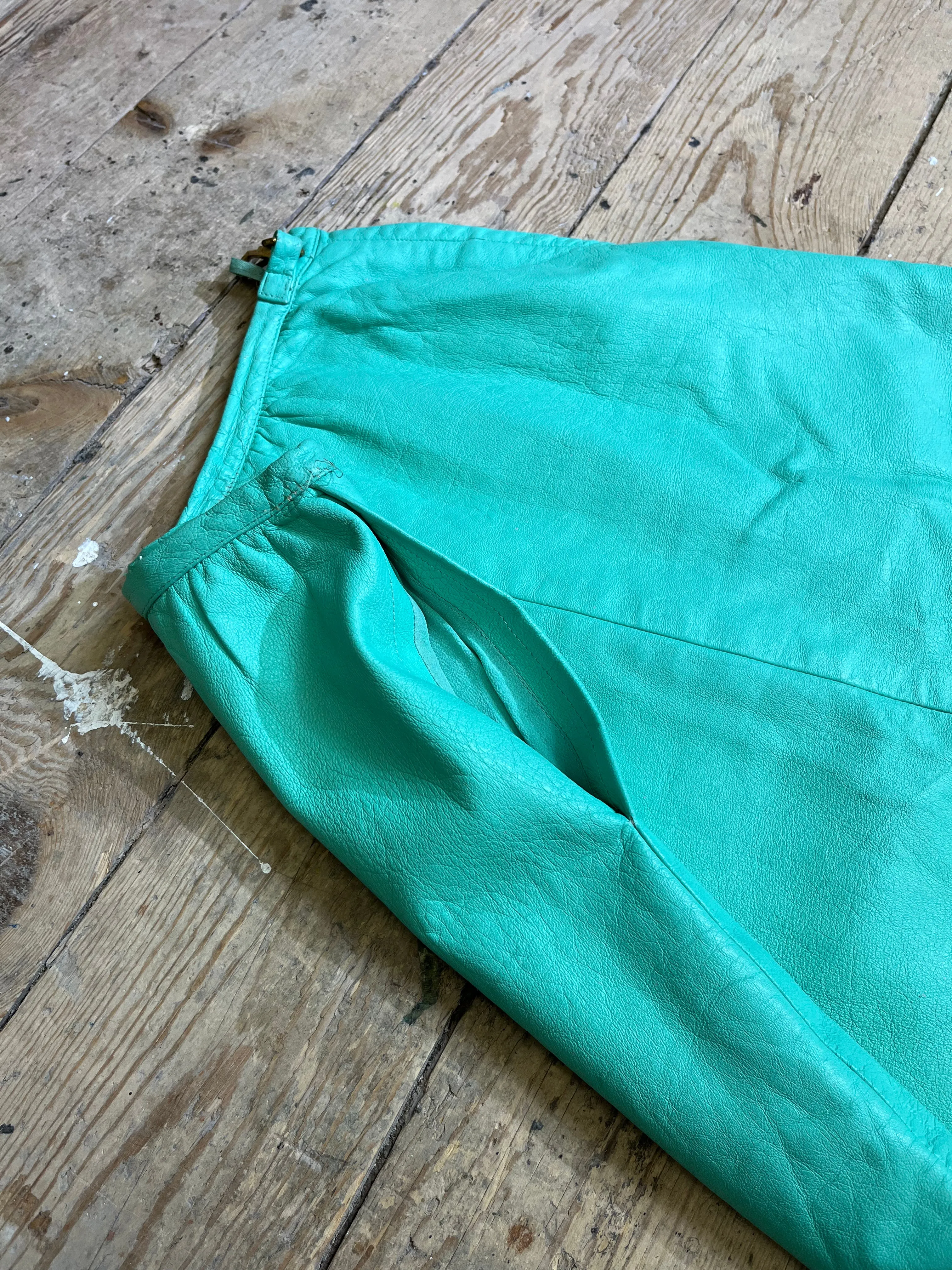 Rare 1960s-1970s Seafoam Teal Leather Skirt by Sills, Bonnie Cashin