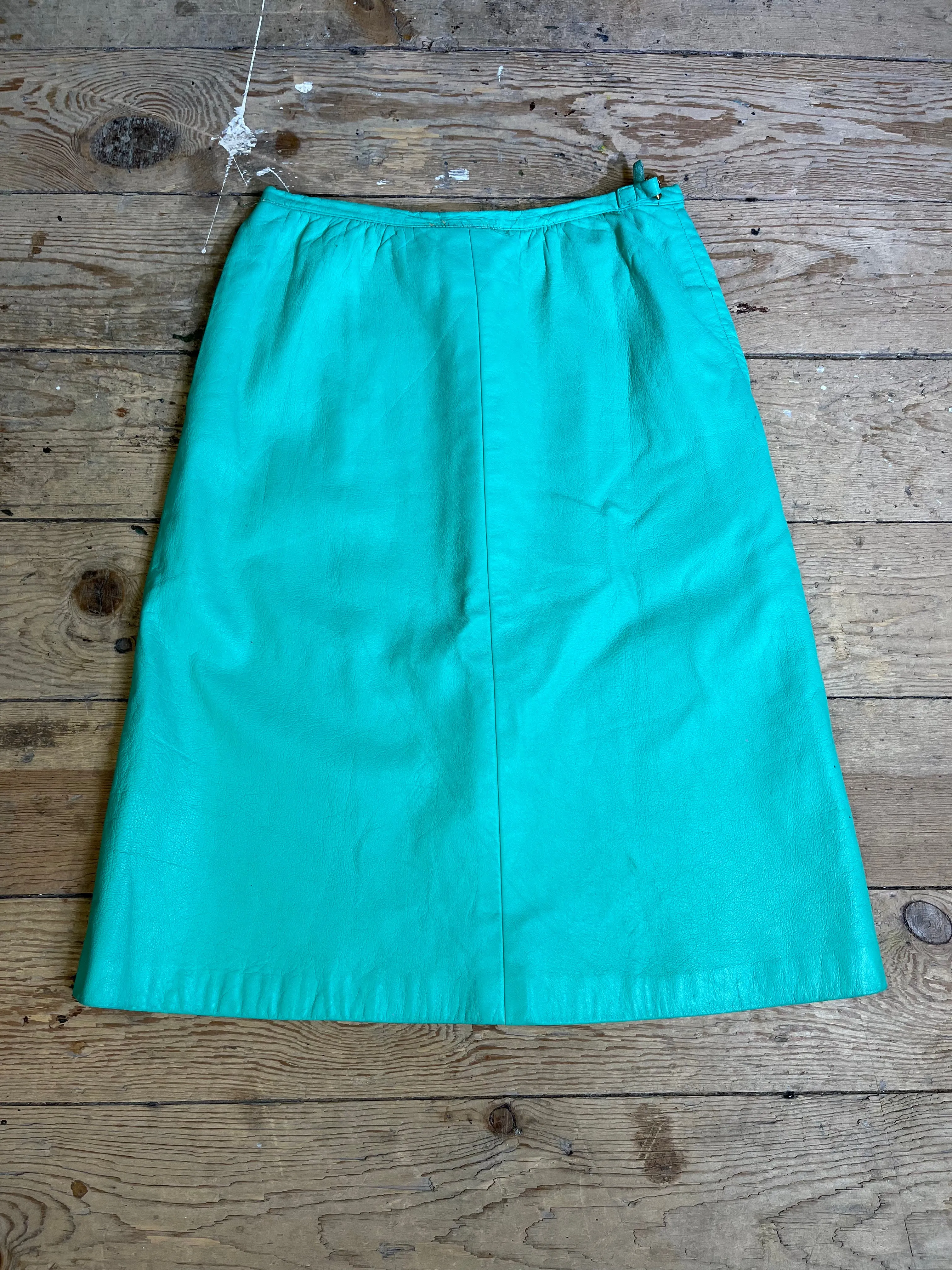 Rare 1960s-1970s Seafoam Teal Leather Skirt by Sills, Bonnie Cashin