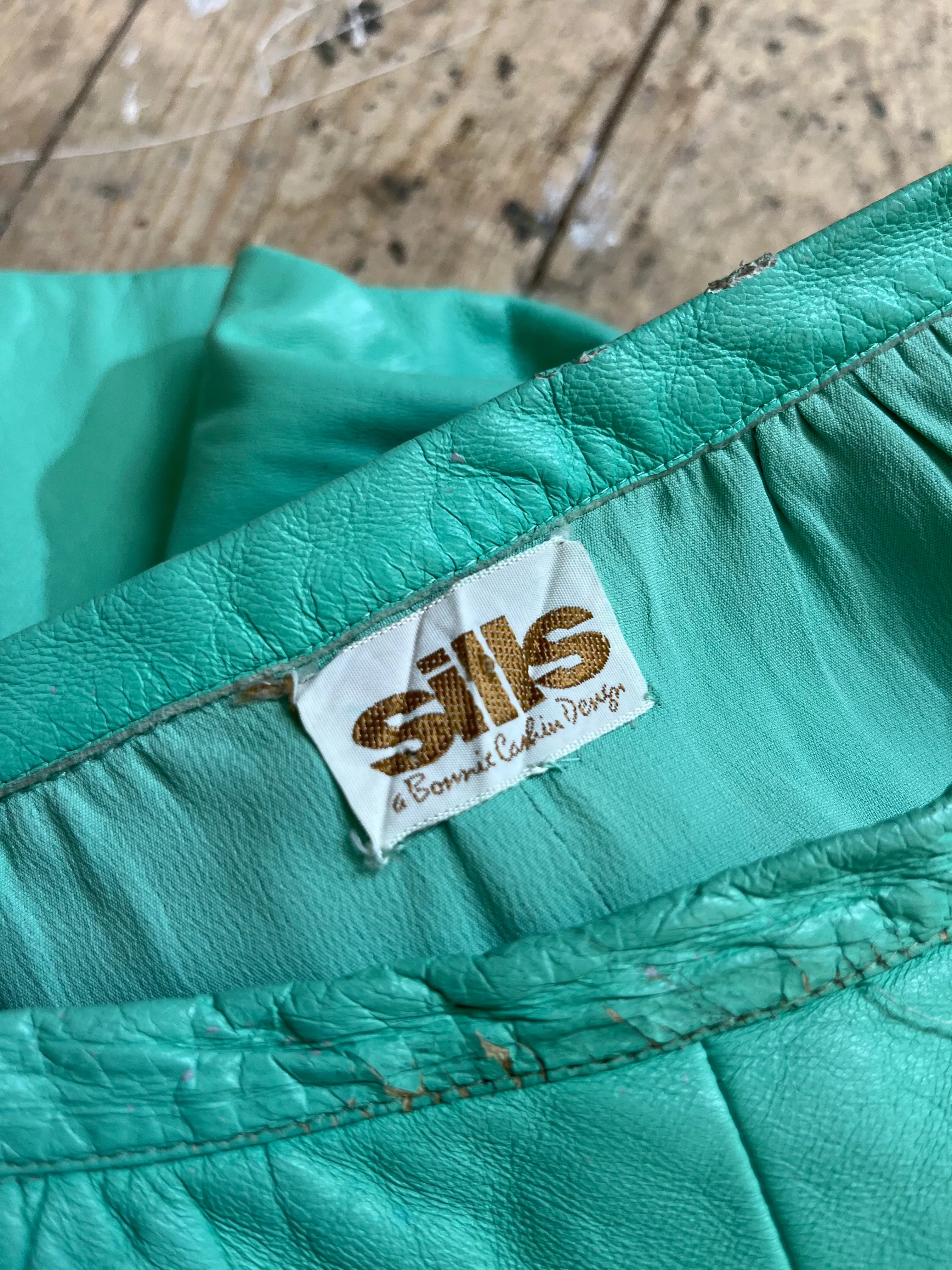 Rare 1960s-1970s Seafoam Teal Leather Skirt by Sills, Bonnie Cashin