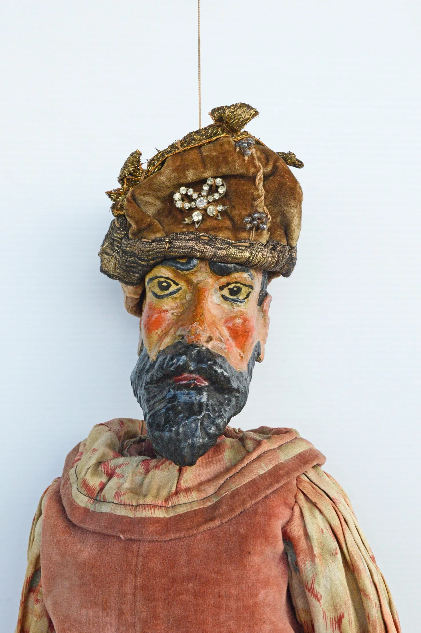 Rare, large wooden carved 19th century "King" puppet - gorgeously costumed