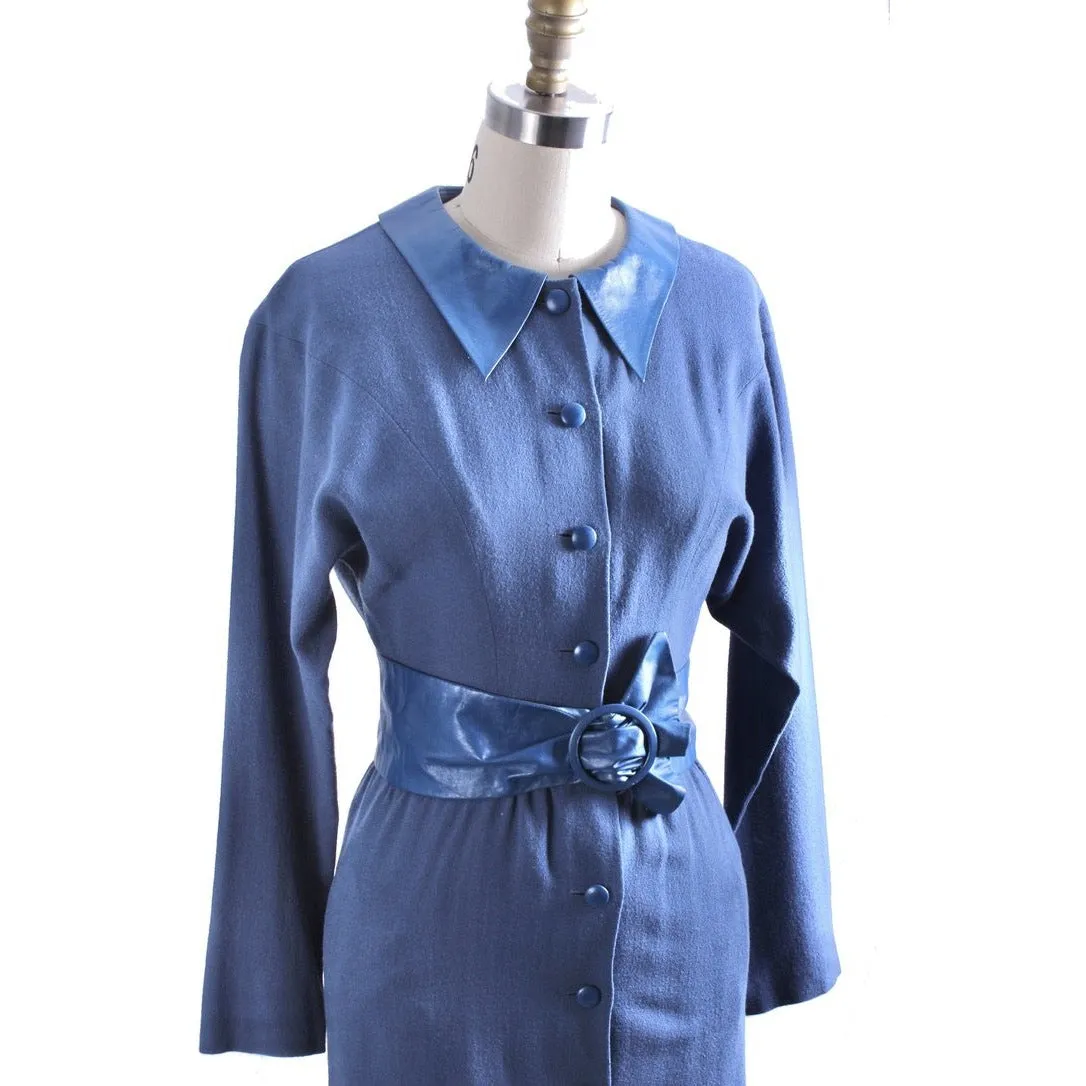 RARE Vintage Emanuel London Collection Dress Blue Wool/Leather Belt/Collar Sz Small