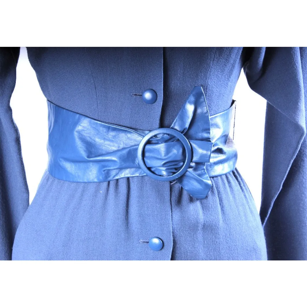 RARE Vintage Emanuel London Collection Dress Blue Wool/Leather Belt/Collar Sz Small