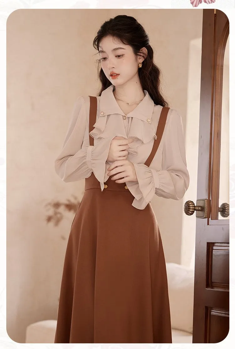 Retro Light Academia Blouse Skirt Set