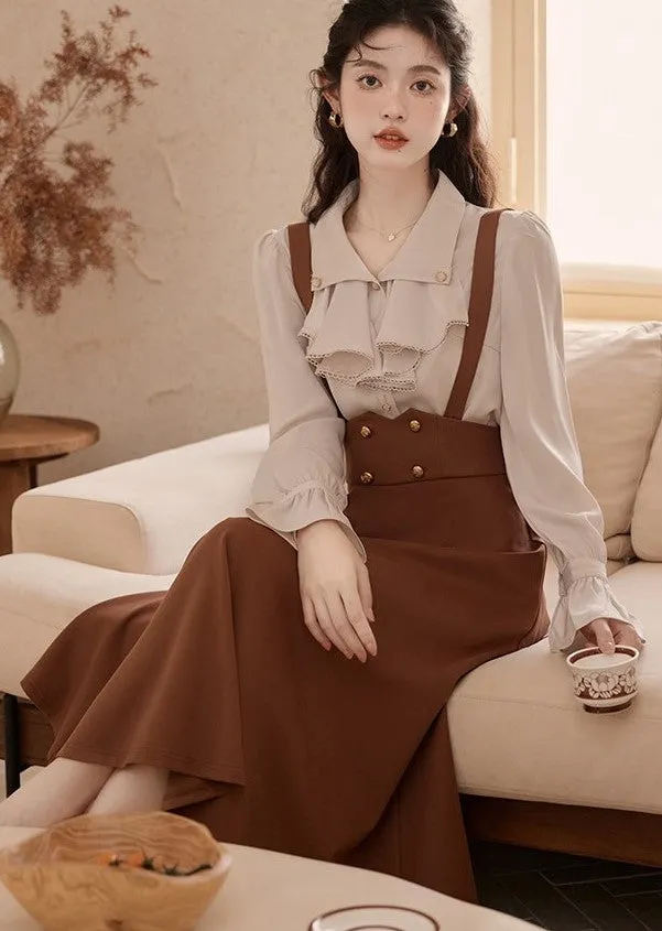 Retro Light Academia Blouse Skirt Set