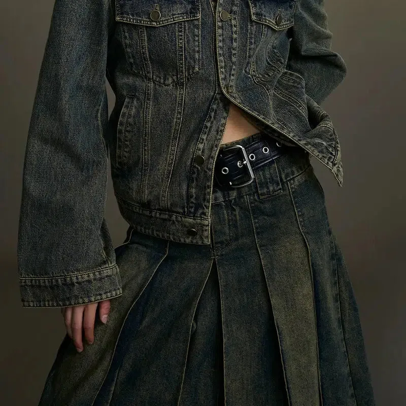 Retro Pleated Denim Skirt