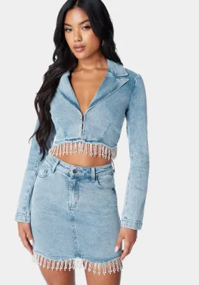 Rhinestone Hem Tailored Denim Jacket