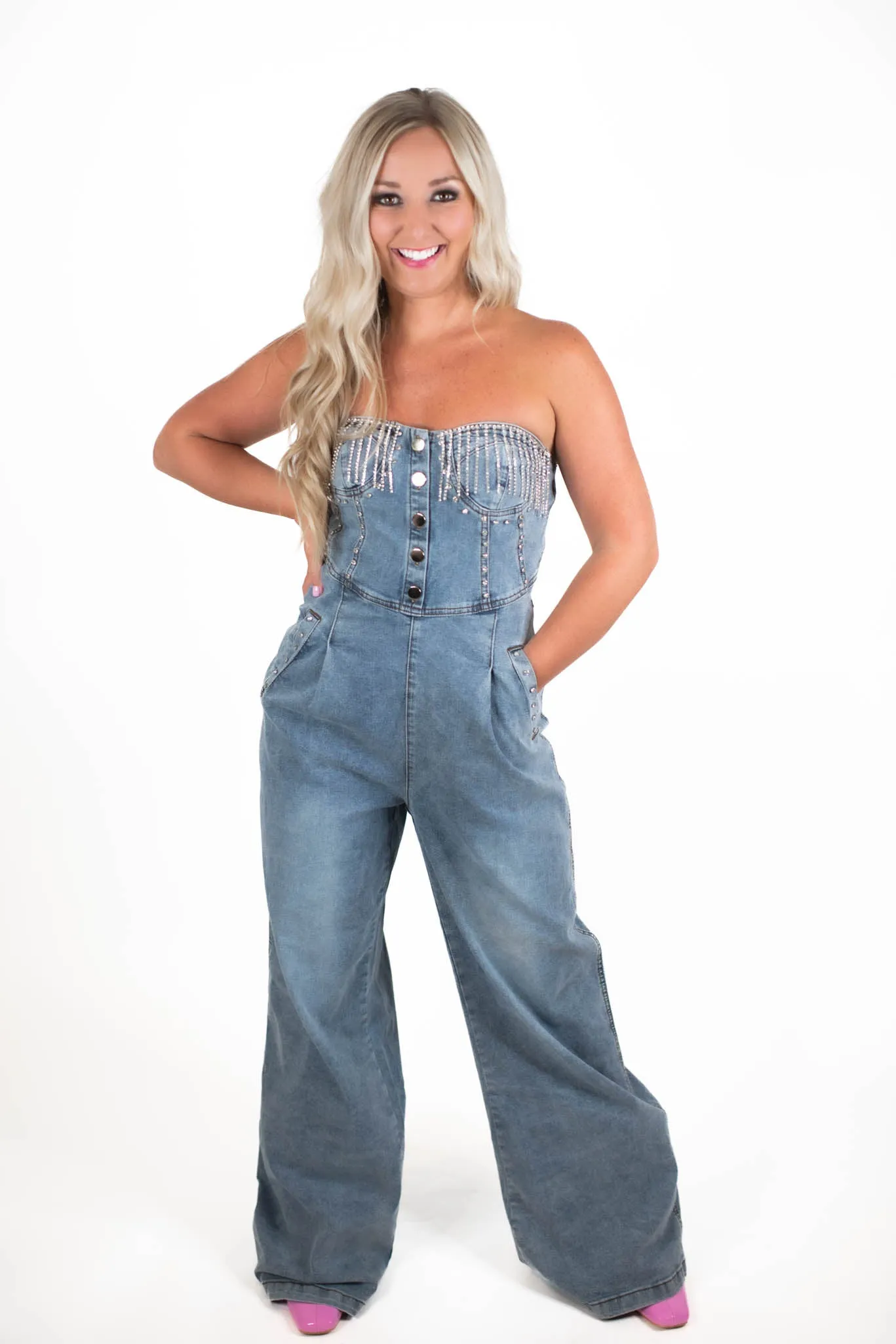 Right On Time Rhinestone Denim Jumpsuit