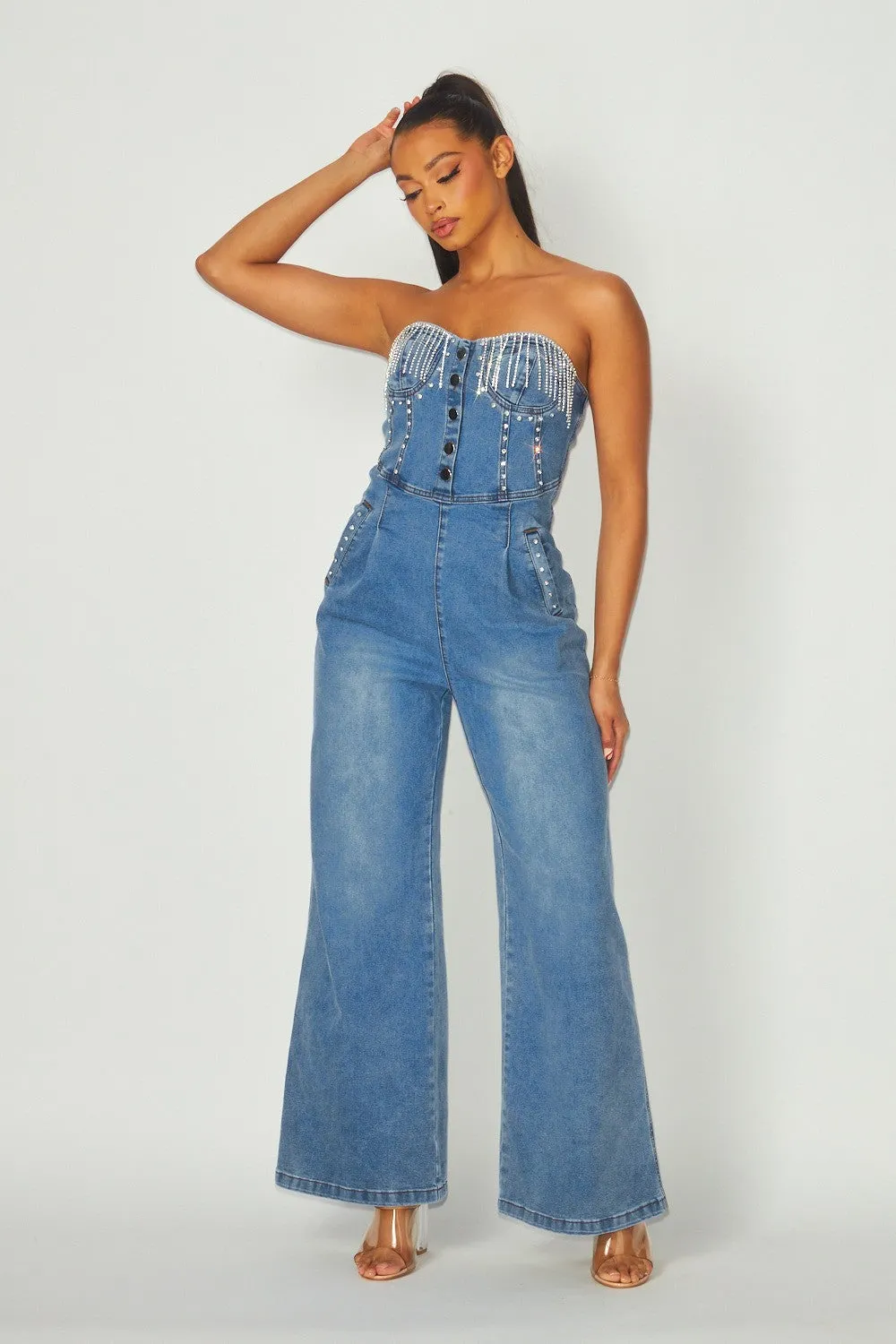 Right On Time Rhinestone Denim Jumpsuit