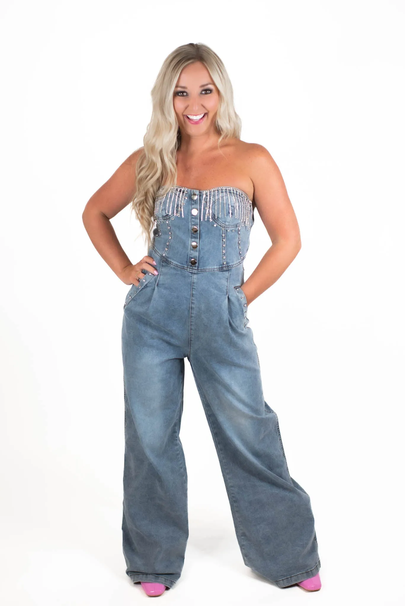 Right On Time Rhinestone Denim Jumpsuit