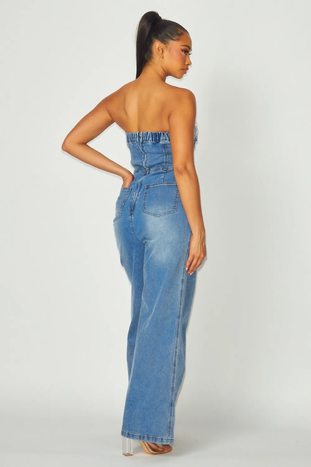 Right On Time Rhinestone Denim Jumpsuit