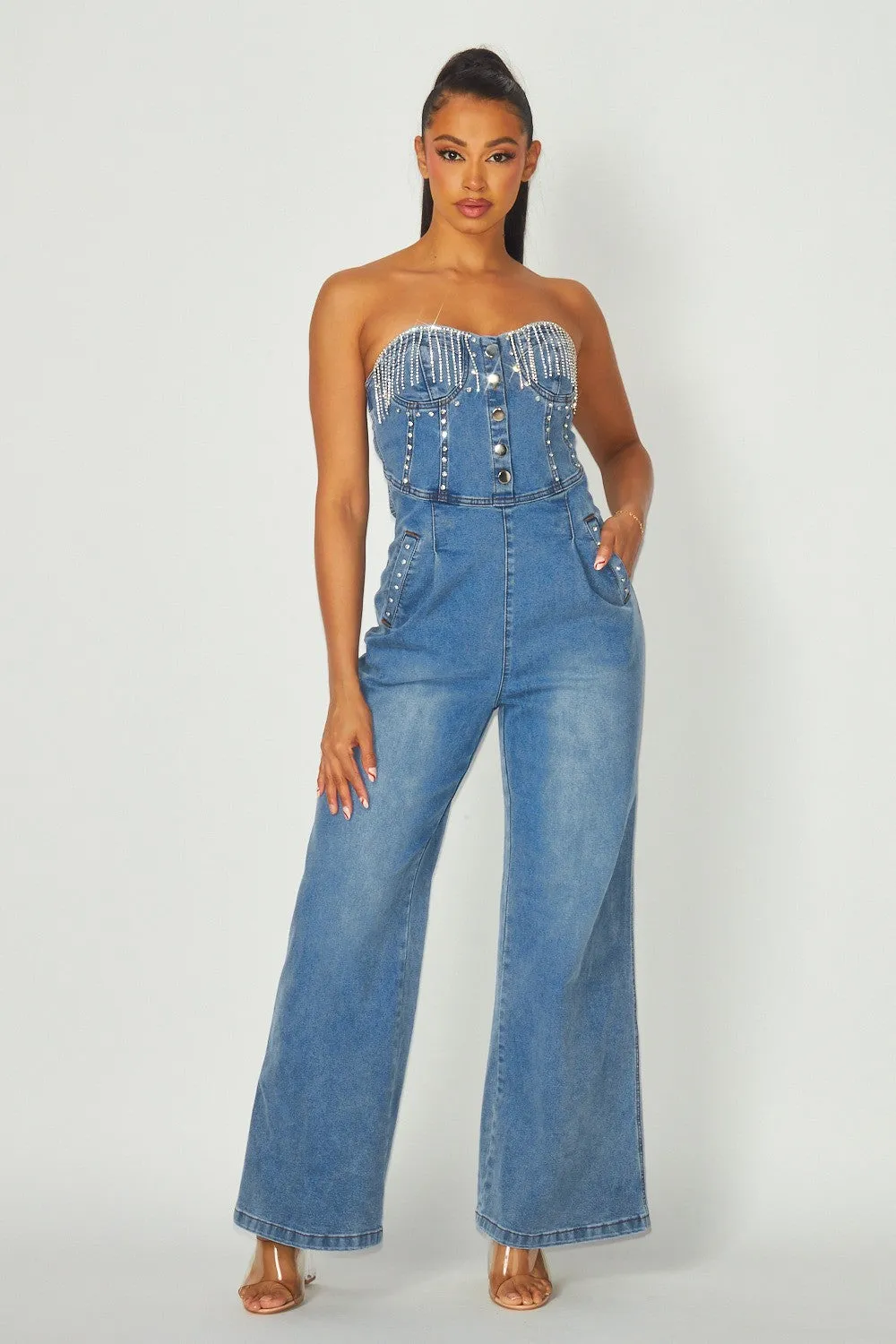 Right On Time Rhinestone Denim Jumpsuit