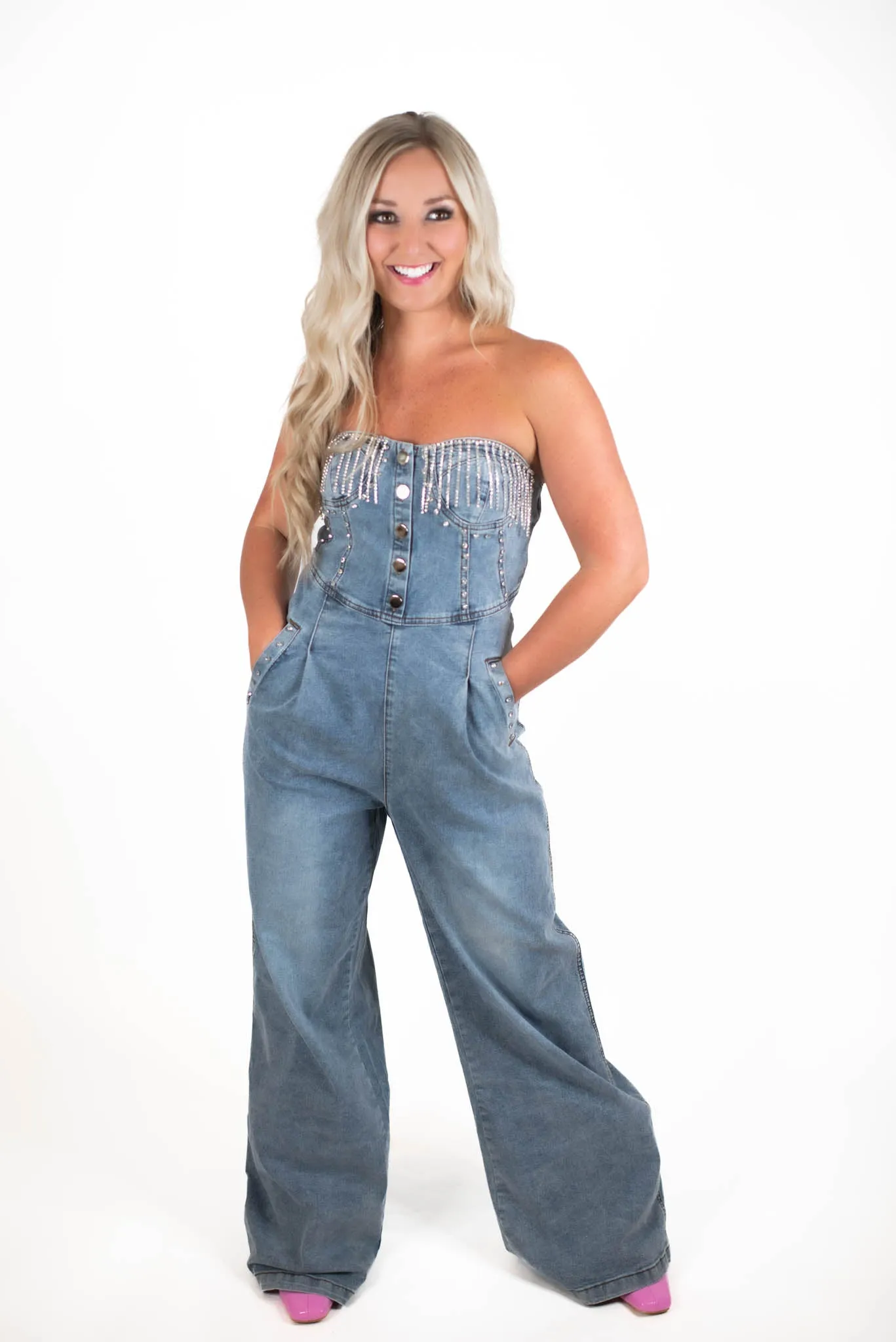 Right On Time Rhinestone Denim Jumpsuit